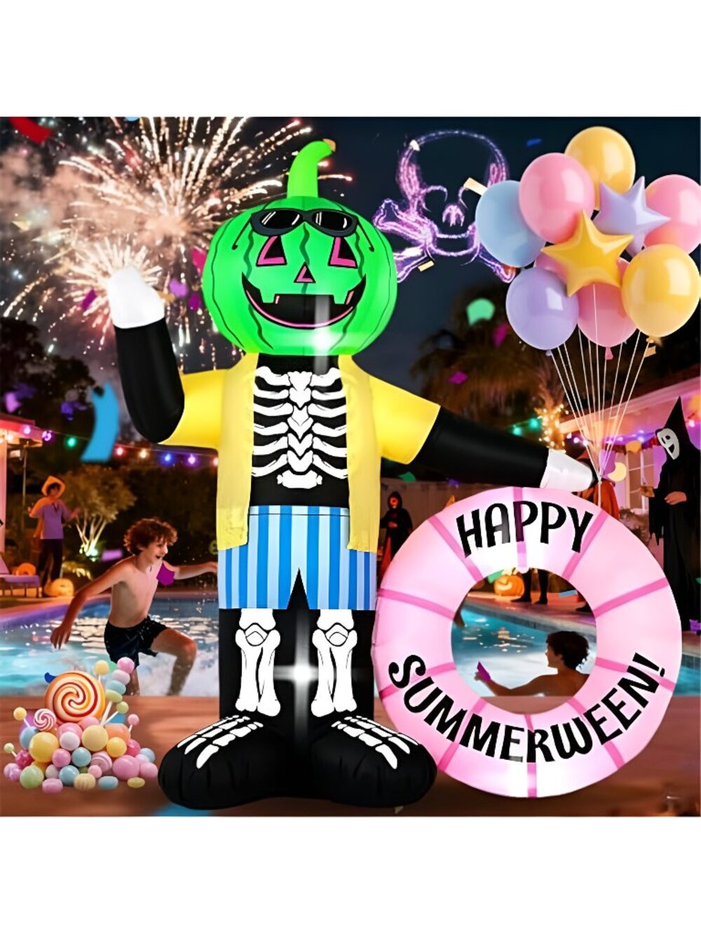 6FT Watermelon Zombie Holding Flower Wreath, Summer Halloween Outdoor